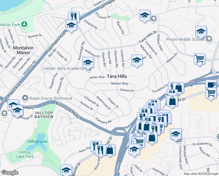 map of restaurants, bars, coffee shops, grocery stores, and more near 2453 Shawn Drive in San Pablo