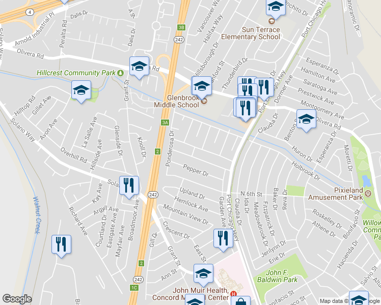 map of restaurants, bars, coffee shops, grocery stores, and more near 2297 Acacia Drive in Concord