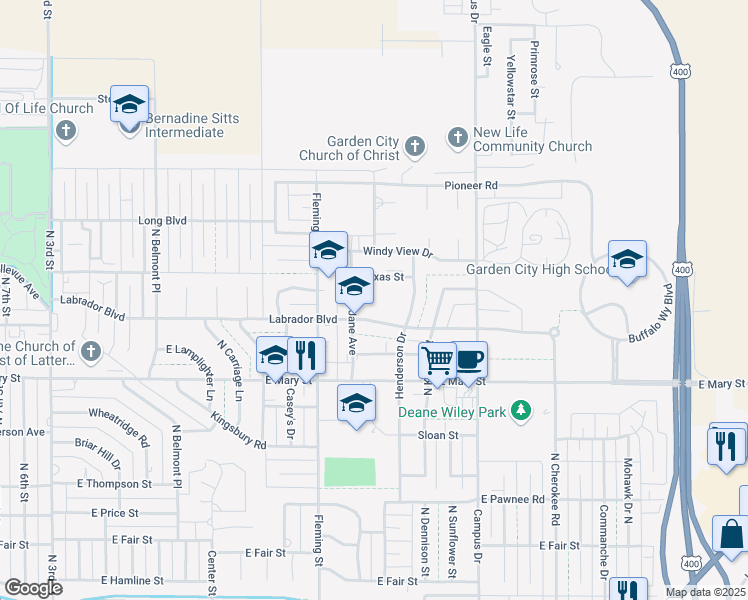 map of restaurants, bars, coffee shops, grocery stores, and more near 1709 Labrador Boulevard in Garden City