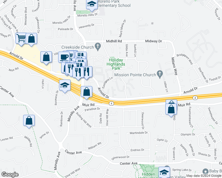 map of restaurants, bars, coffee shops, grocery stores, and more near 124 Sundance Place in Martinez