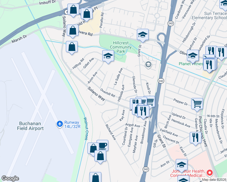 map of restaurants, bars, coffee shops, grocery stores, and more near 2029 Overhill Road in Concord
