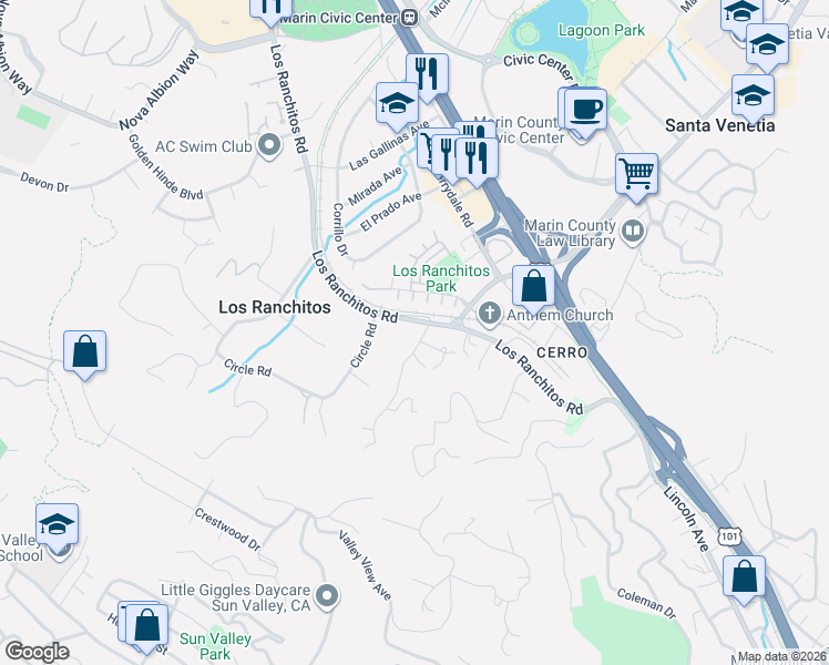 map of restaurants, bars, coffee shops, grocery stores, and more near 11 Debes Ranch Road in San Rafael