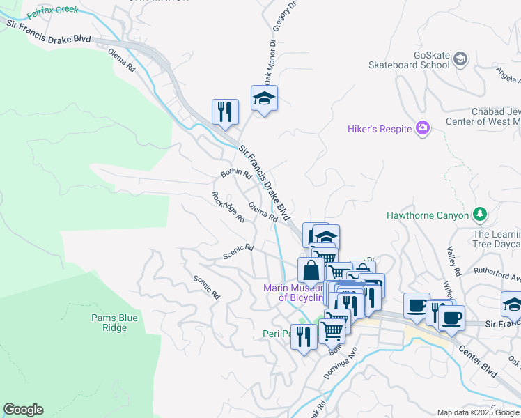 map of restaurants, bars, coffee shops, grocery stores, and more near 103 Olema Road in Fairfax
