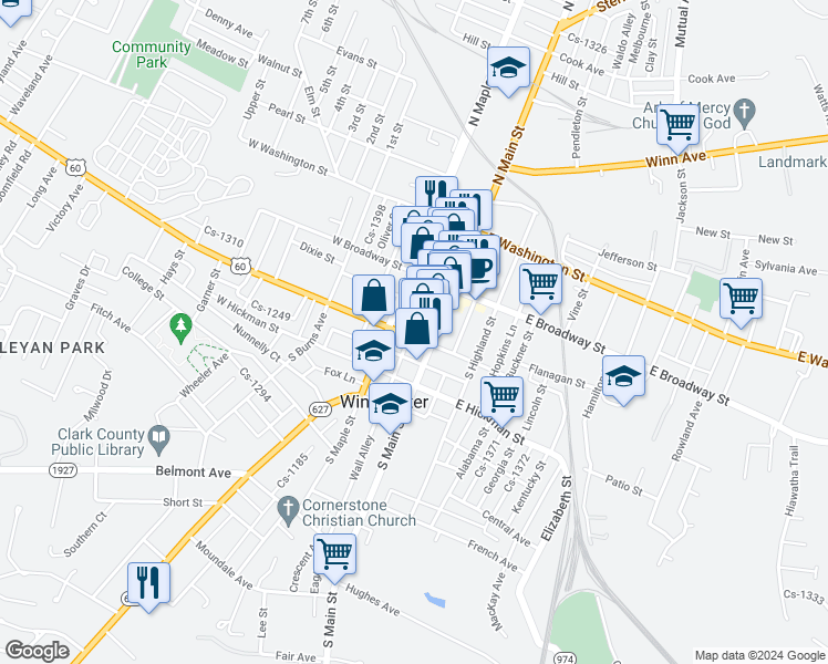 map of restaurants, bars, coffee shops, grocery stores, and more near 18 West Lexington Avenue in Winchester