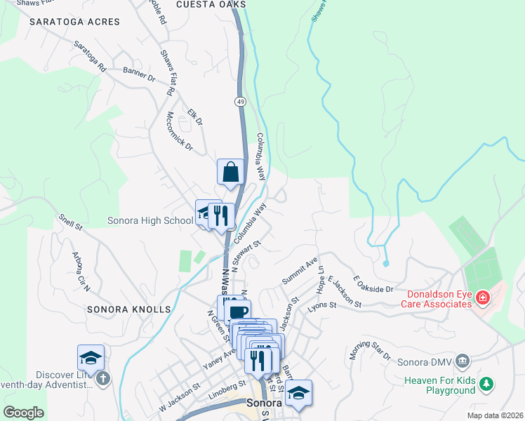 map of restaurants, bars, coffee shops, grocery stores, and more near 172 Columbia Way in Sonora