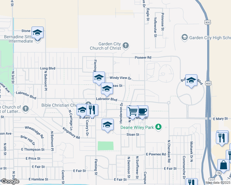 map of restaurants, bars, coffee shops, grocery stores, and more near 1709 Labrador Boulevard in Garden City