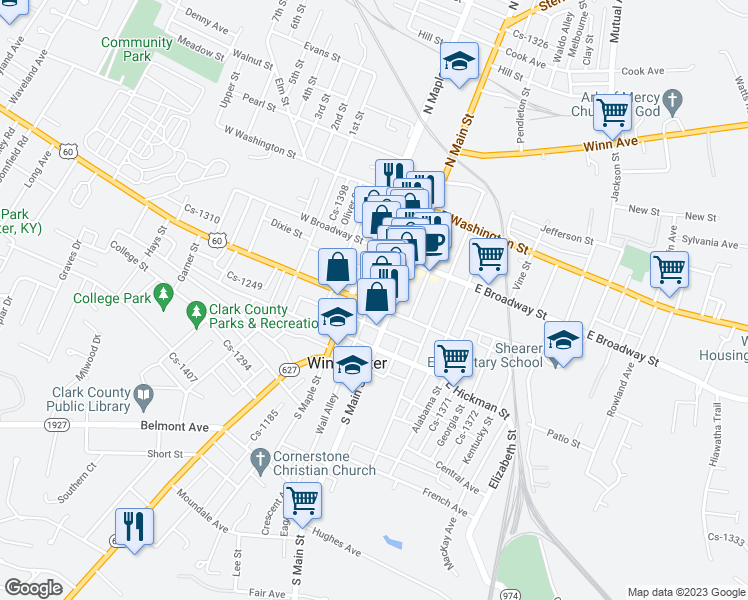 map of restaurants, bars, coffee shops, grocery stores, and more near 17 West Lexington Avenue in Winchester