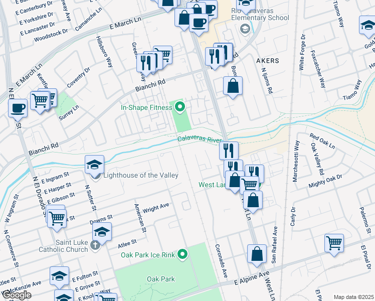 map of restaurants, bars, coffee shops, grocery stores, and more near 4233 Coronado Avenue in Stockton