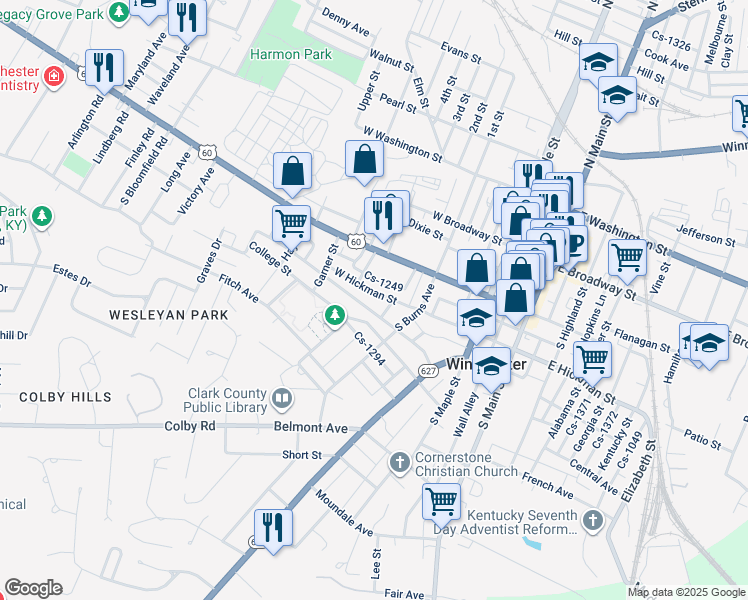 map of restaurants, bars, coffee shops, grocery stores, and more near 228 West Hickman Street in Winchester