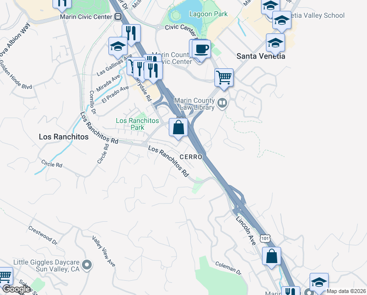 map of restaurants, bars, coffee shops, grocery stores, and more near 19 Merrydale Road in San Rafael