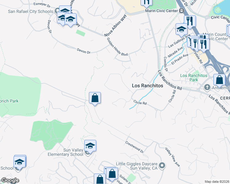 map of restaurants, bars, coffee shops, grocery stores, and more near 100 Oak Ridge Road in San Rafael