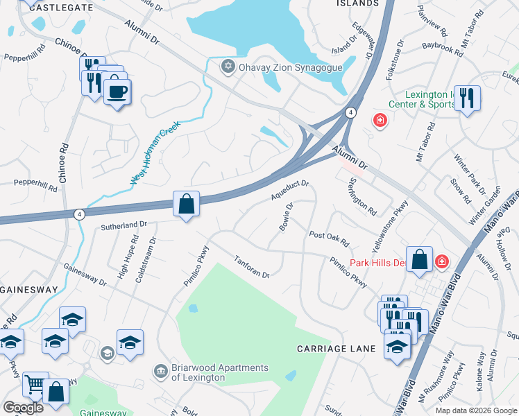 map of restaurants, bars, coffee shops, grocery stores, and more near 3263 Waterford Park in Lexington