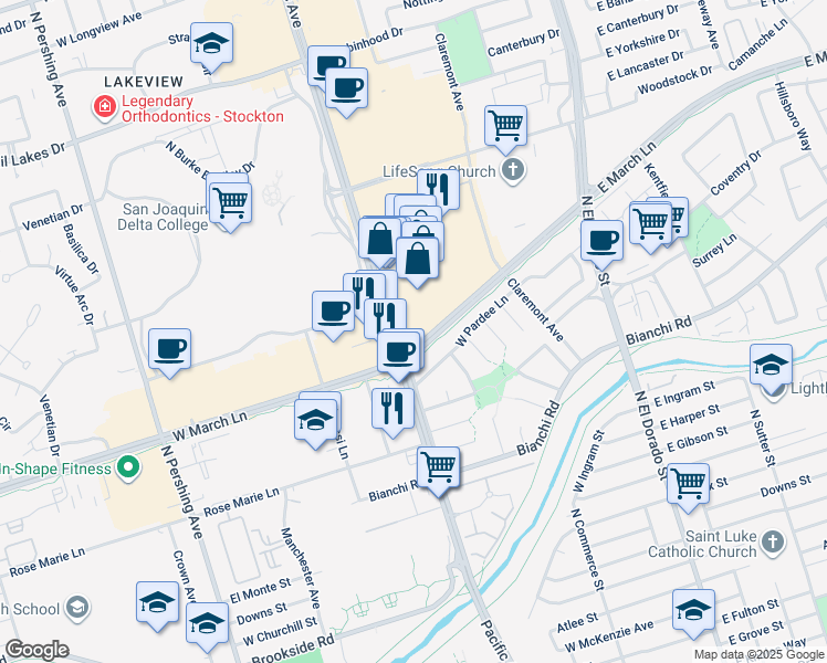 map of restaurants, bars, coffee shops, grocery stores, and more near 4704 Pacific Avenue in Stockton