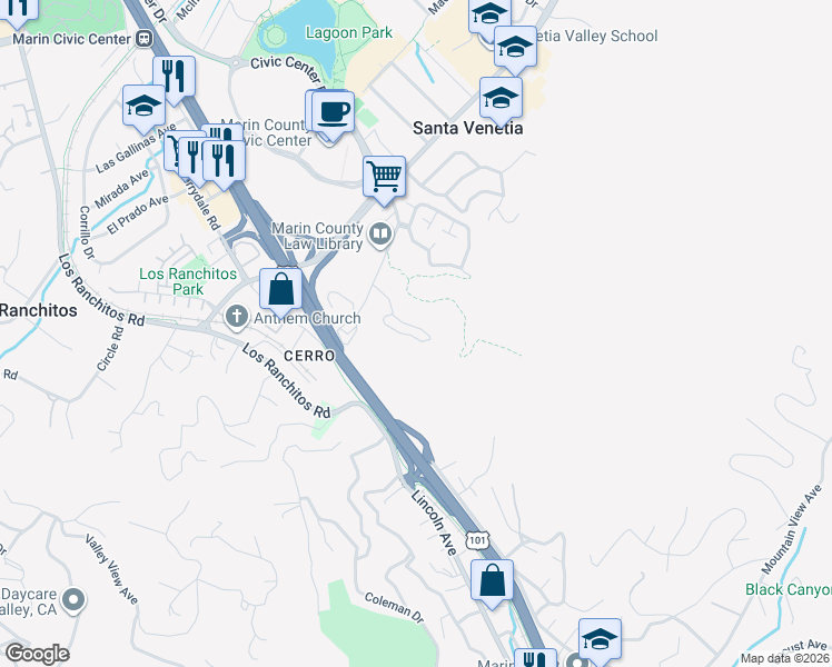 map of restaurants, bars, coffee shops, grocery stores, and more near 46 Laurel Glen Terrace in San Rafael