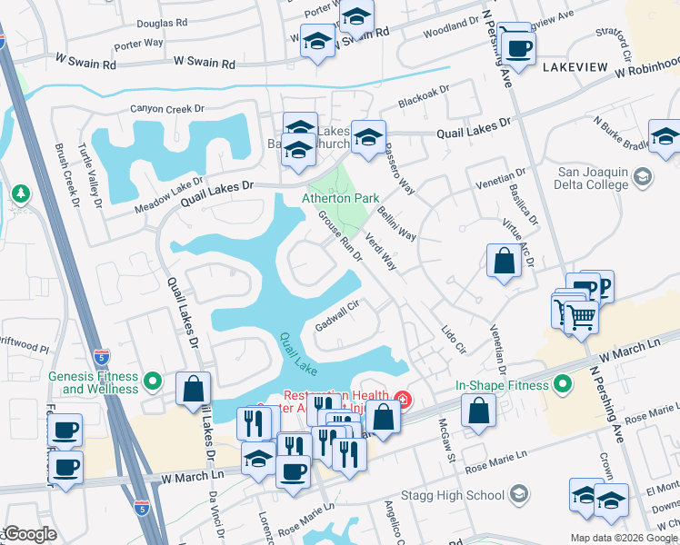 map of restaurants, bars, coffee shops, grocery stores, and more near 5359 Covey Creek Circle in Stockton