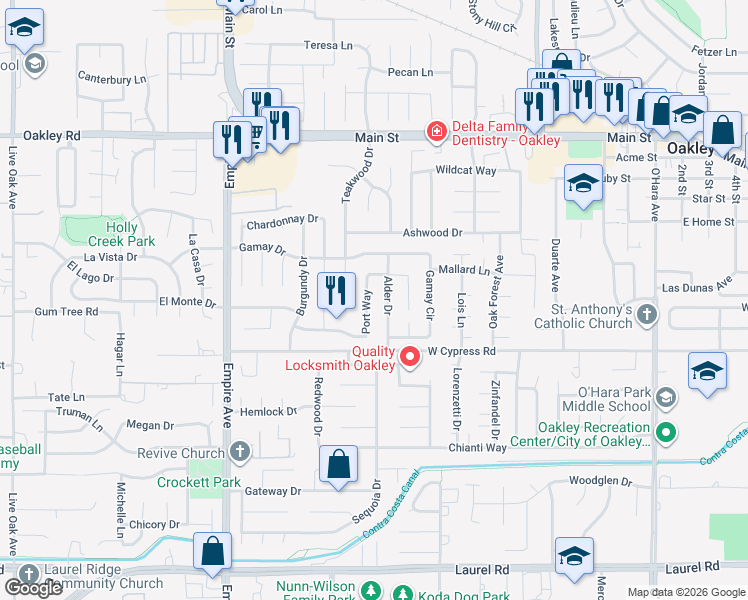 map of restaurants, bars, coffee shops, grocery stores, and more near 1610 Port Way in Oakley