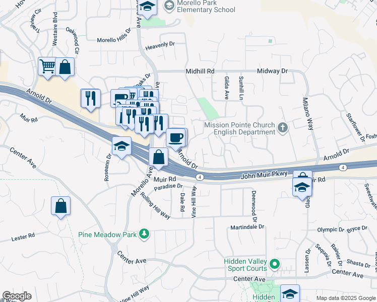 map of restaurants, bars, coffee shops, grocery stores, and more near 431 Eastgate Lane in Martinez