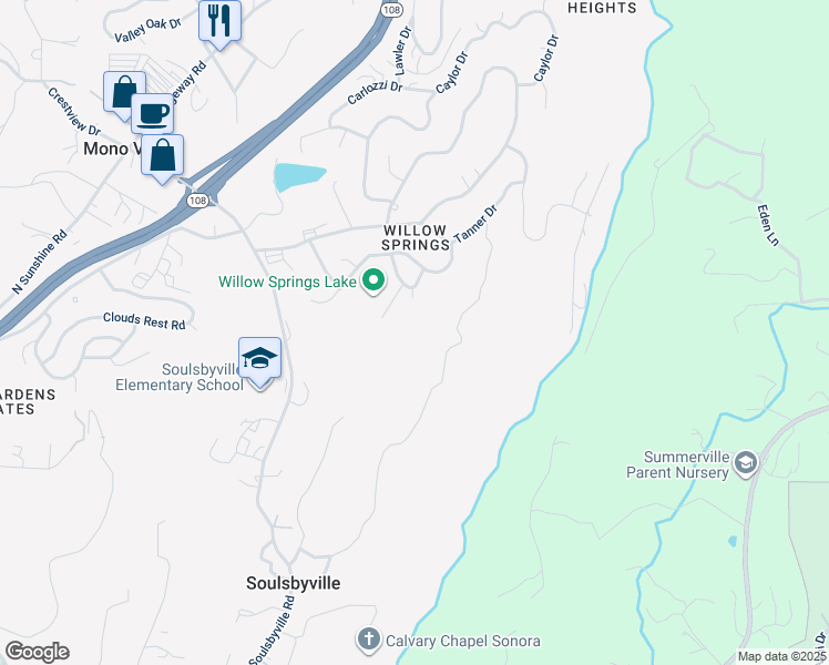map of restaurants, bars, coffee shops, grocery stores, and more near 20381 Sherry Court in Soulsbyville