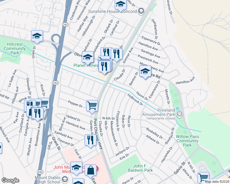 map of restaurants, bars, coffee shops, grocery stores, and more near 3279 Meadowbrook Drive in Concord