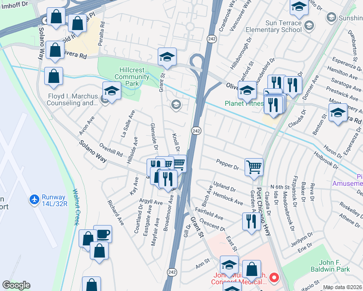 map of restaurants, bars, coffee shops, grocery stores, and more near 2920 Knoll Drive in Concord