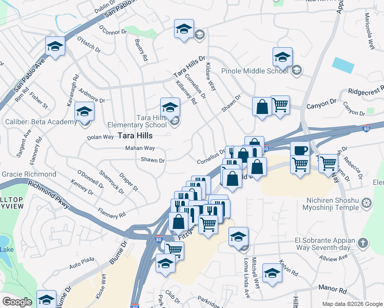 map of restaurants, bars, coffee shops, grocery stores, and more near 2963 Cornelius Drive in San Pablo