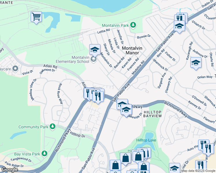map of restaurants, bars, coffee shops, grocery stores, and more near 1601 Daisy Court in Richmond