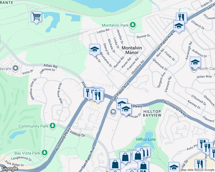 map of restaurants, bars, coffee shops, grocery stores, and more near 1601 Daisy Court in Richmond