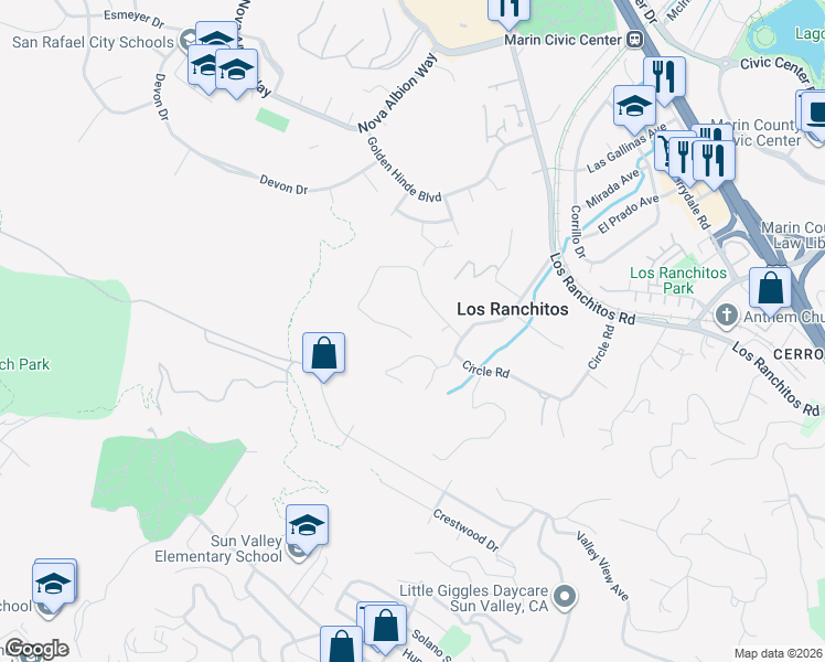 map of restaurants, bars, coffee shops, grocery stores, and more near 100 Oak Ridge Road in San Rafael