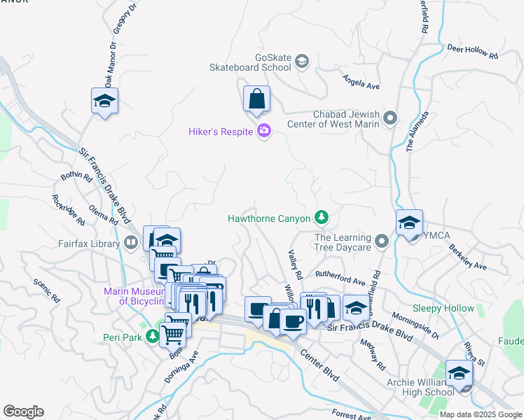 map of restaurants, bars, coffee shops, grocery stores, and more near 164 Willow Avenue in Fairfax