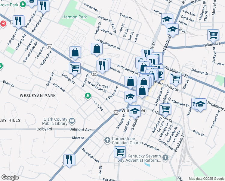 map of restaurants, bars, coffee shops, grocery stores, and more near 209 West Hickman Street in Winchester