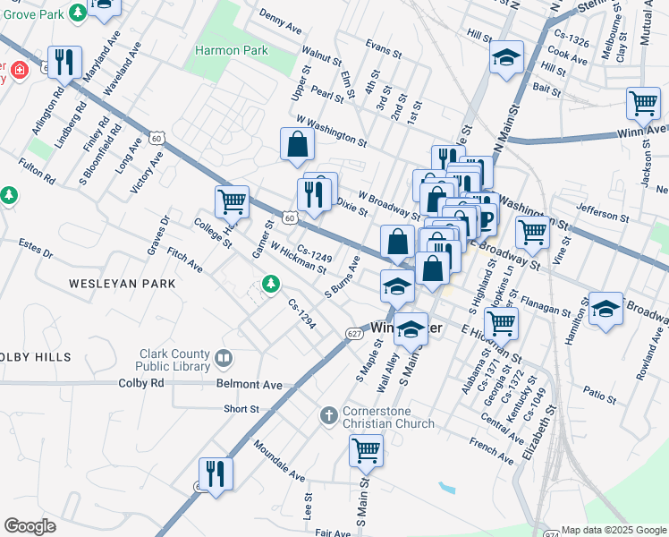 map of restaurants, bars, coffee shops, grocery stores, and more near 209 West Hickman Street in Winchester