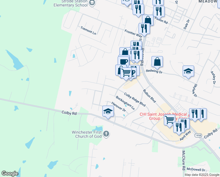map of restaurants, bars, coffee shops, grocery stores, and more near 501 Colby Ridge Boulevard in Winchester