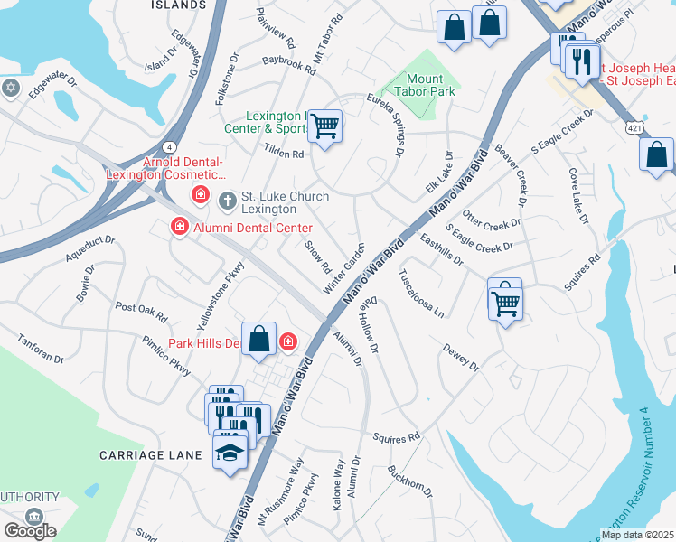 map of restaurants, bars, coffee shops, grocery stores, and more near 2881 Winter Garden in Lexington