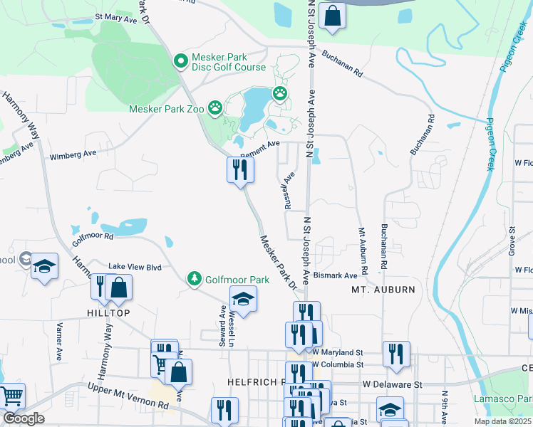 map of restaurants, bars, coffee shops, grocery stores, and more near 1357 Mesker Park Drive in Evansville