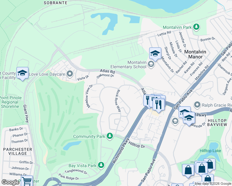 map of restaurants, bars, coffee shops, grocery stores, and more near 643 Rock Rose Way in Richmond