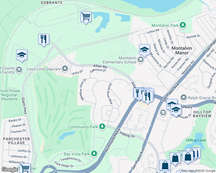 map of restaurants, bars, coffee shops, grocery stores, and more near 643 Rock Rose Way in Richmond
