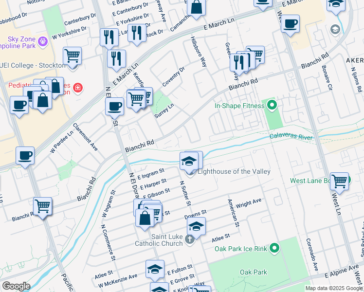 map of restaurants, bars, coffee shops, grocery stores, and more near 4452 Cotton Court in Stockton