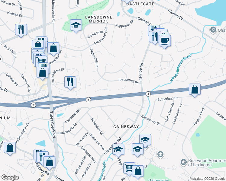 map of restaurants, bars, coffee shops, grocery stores, and more near 3420 Simcoe Court in Lexington