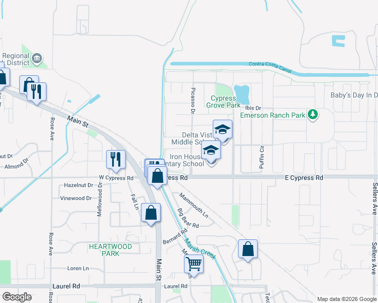 map of restaurants, bars, coffee shops, grocery stores, and more near 1011 Warhol Way in Oakley