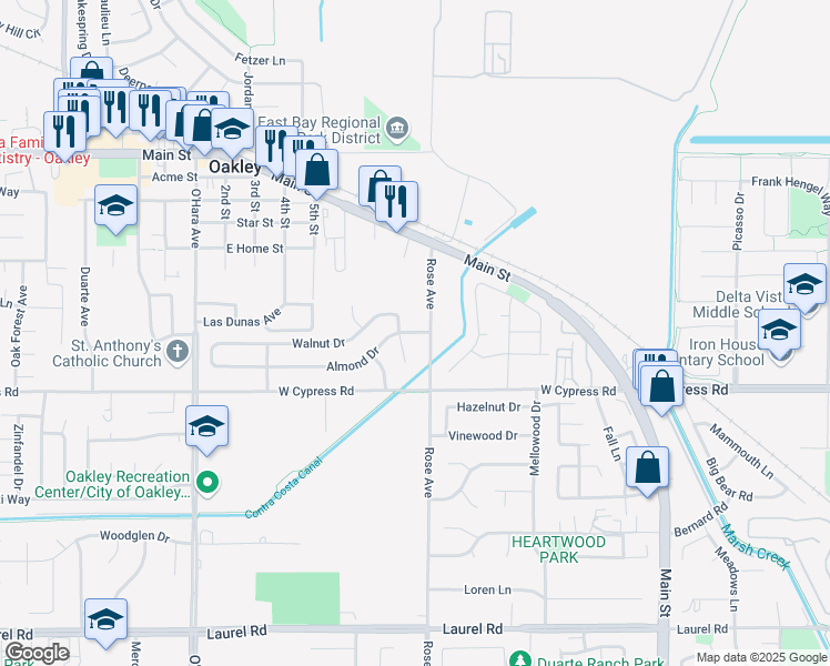 map of restaurants, bars, coffee shops, grocery stores, and more near 2 Almond Place in Oakley