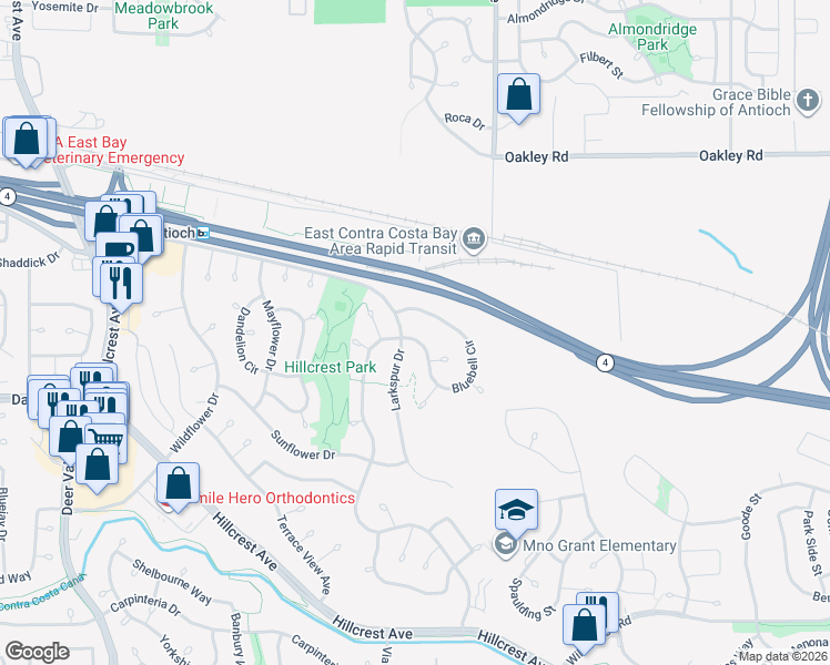 map of restaurants, bars, coffee shops, grocery stores, and more near 2934 Bluebell Circle in Antioch