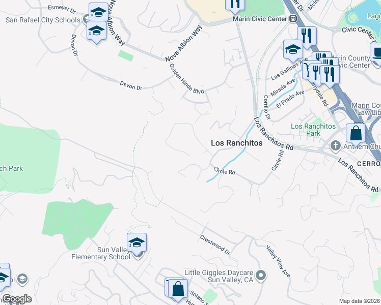 map of restaurants, bars, coffee shops, grocery stores, and more near 100 Oak Ridge Road in San Rafael
