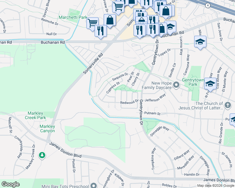 map of restaurants, bars, coffee shops, grocery stores, and more near 3114 Cedar Court in Antioch