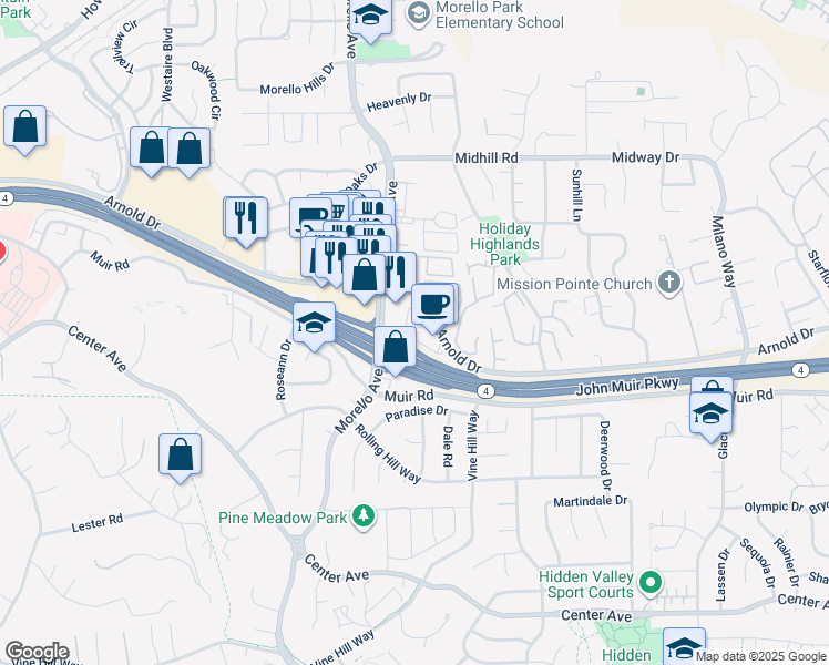 map of restaurants, bars, coffee shops, grocery stores, and more near Morello Ave in Martinez