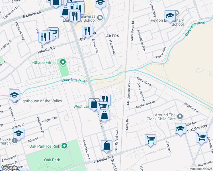 map of restaurants, bars, coffee shops, grocery stores, and more near in Stockton