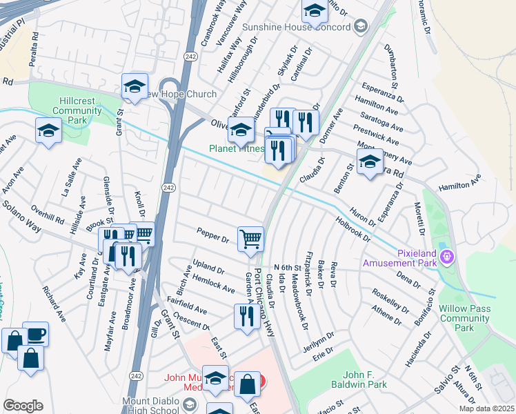 map of restaurants, bars, coffee shops, grocery stores, and more near 3025 Laurence Court in Concord