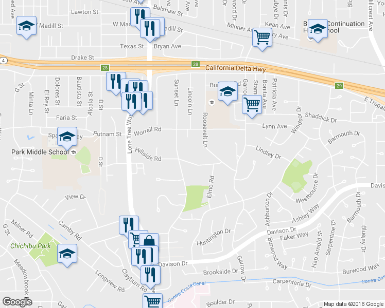 map of restaurants, bars, coffee shops, grocery stores, and more near 203-1/2 Hillside Road in Antioch
