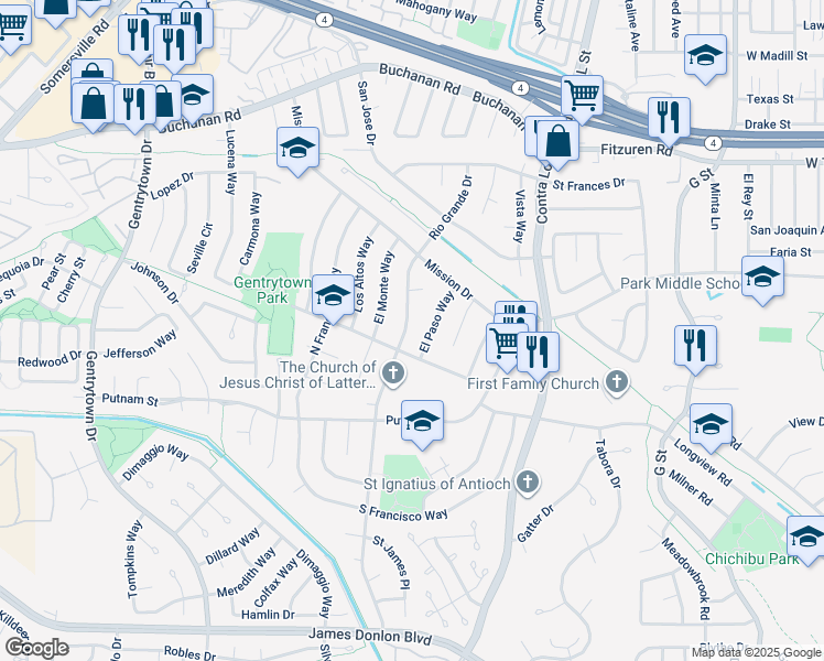 map of restaurants, bars, coffee shops, grocery stores, and more near 2953 Rio Grande Drive in Antioch