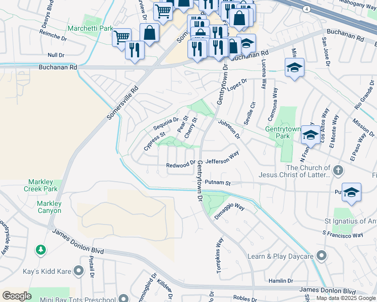 map of restaurants, bars, coffee shops, grocery stores, and more near 3103 Persimmon Street in Antioch