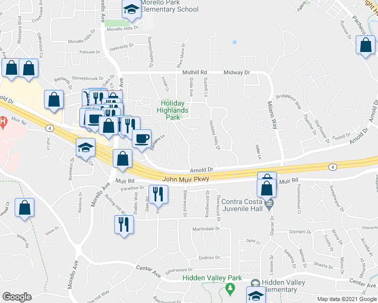map of restaurants, bars, coffee shops, grocery stores, and more near Fig Tree Ln & Hidden Creek Ct in Martinez